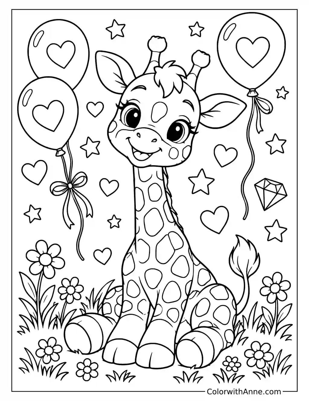 Seated Giraffe with Hearts and Stars Coloring Page