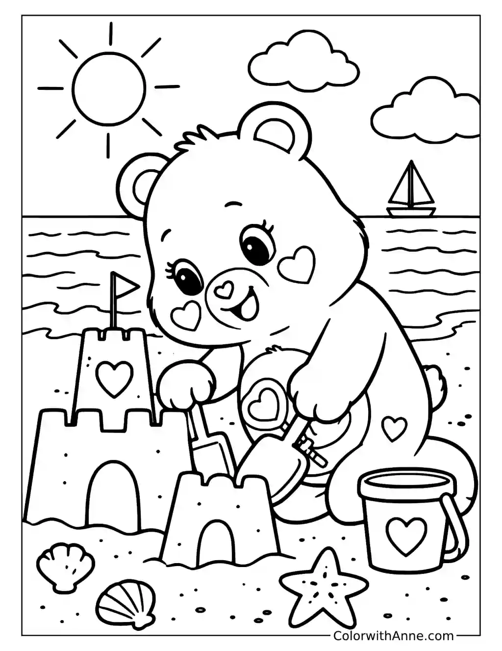 Share Bear Building a Sandcastle Coloring Page