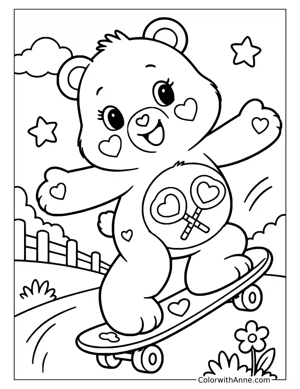Share Bear Waving on a Skateboard Coloring Page
