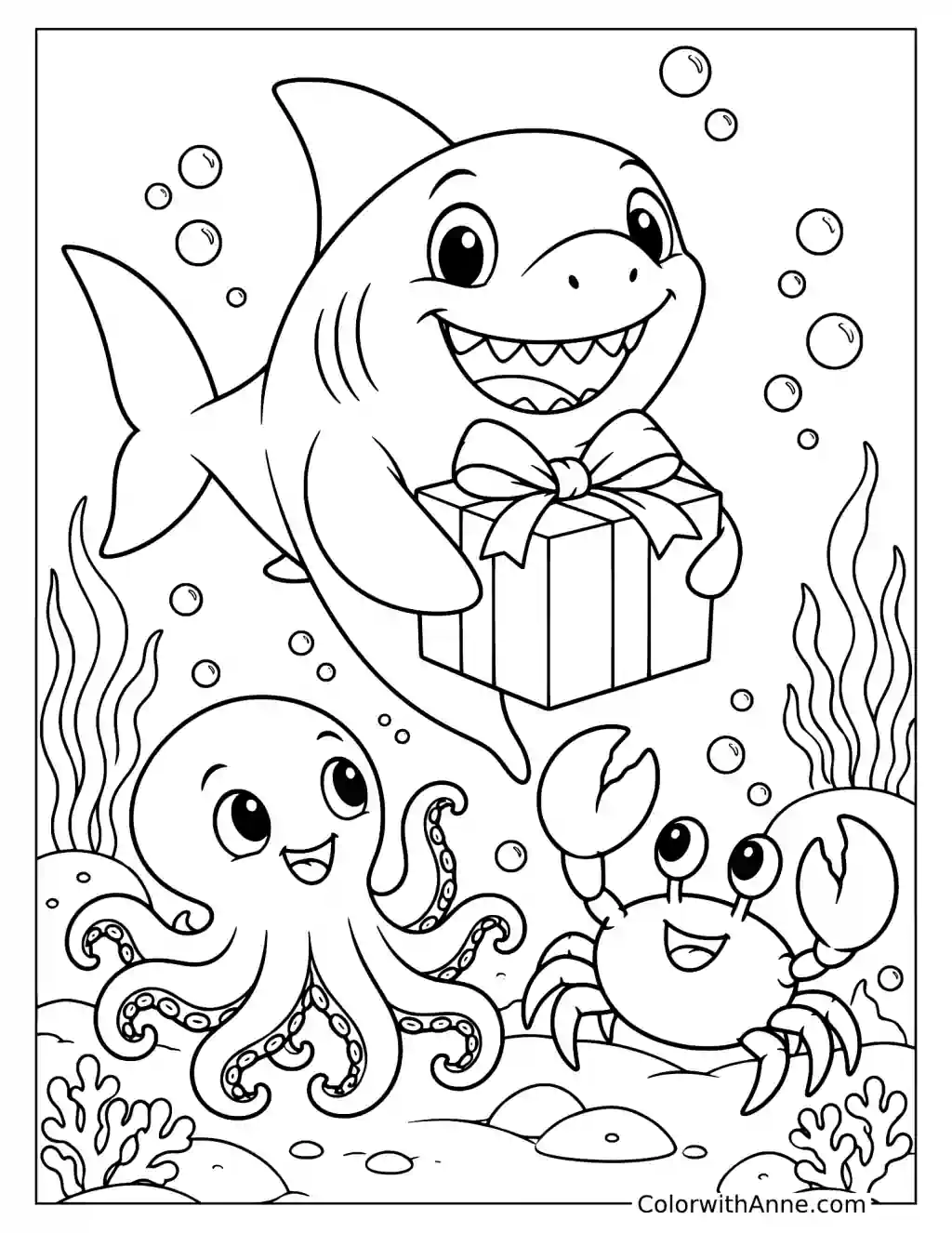 Shark Holding a Gift Box with Octopus and Crab Coloring Page