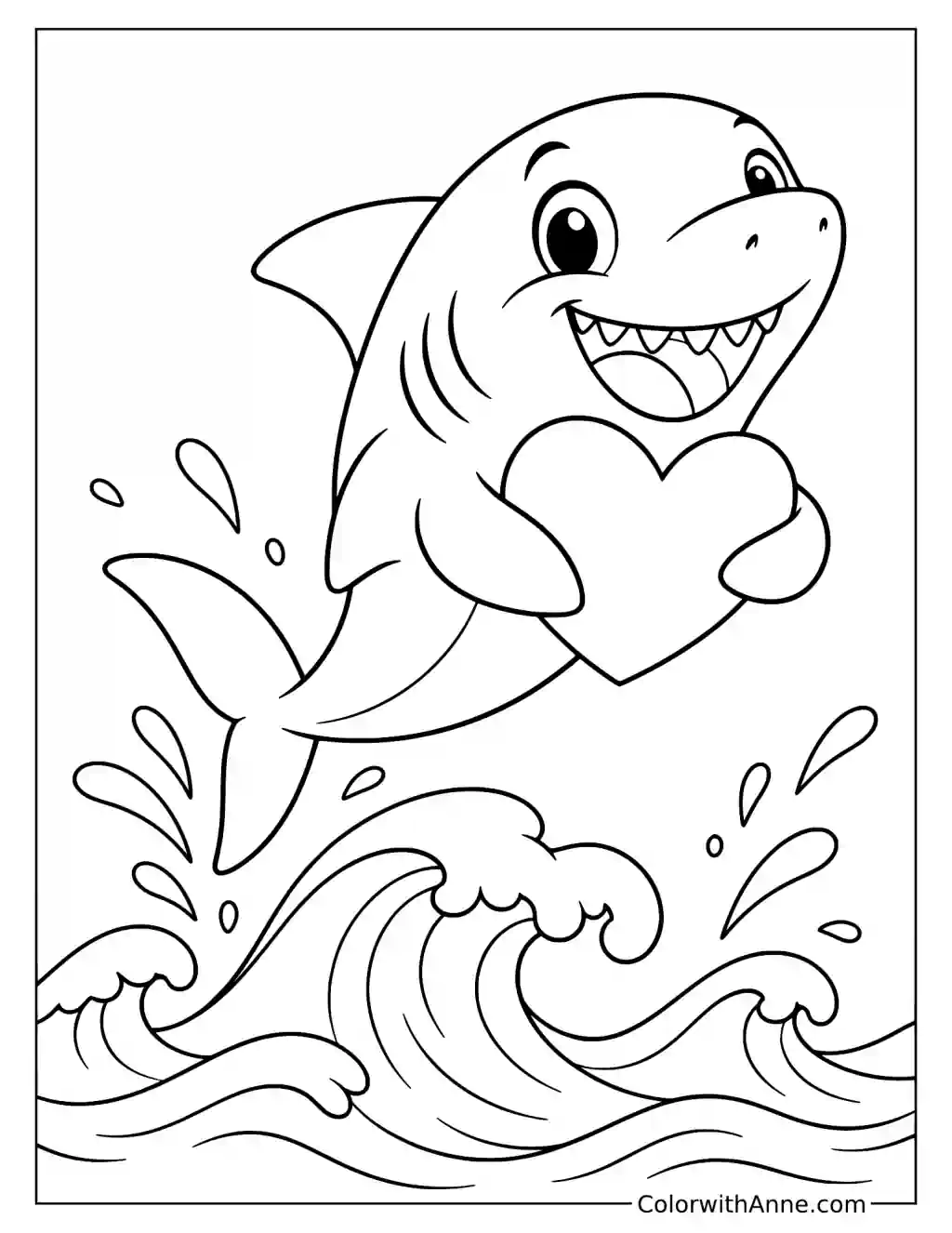 Shark Holding a Heart and Jumping Over Waves Coloring Page