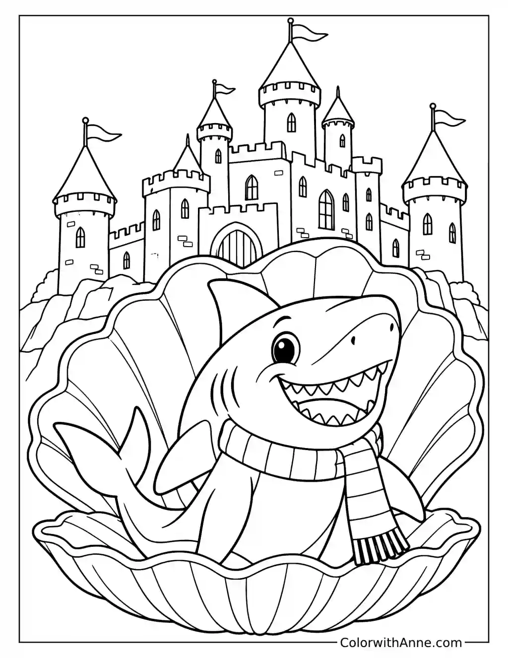 Shark in a Shell with Castle Background Coloring Page
