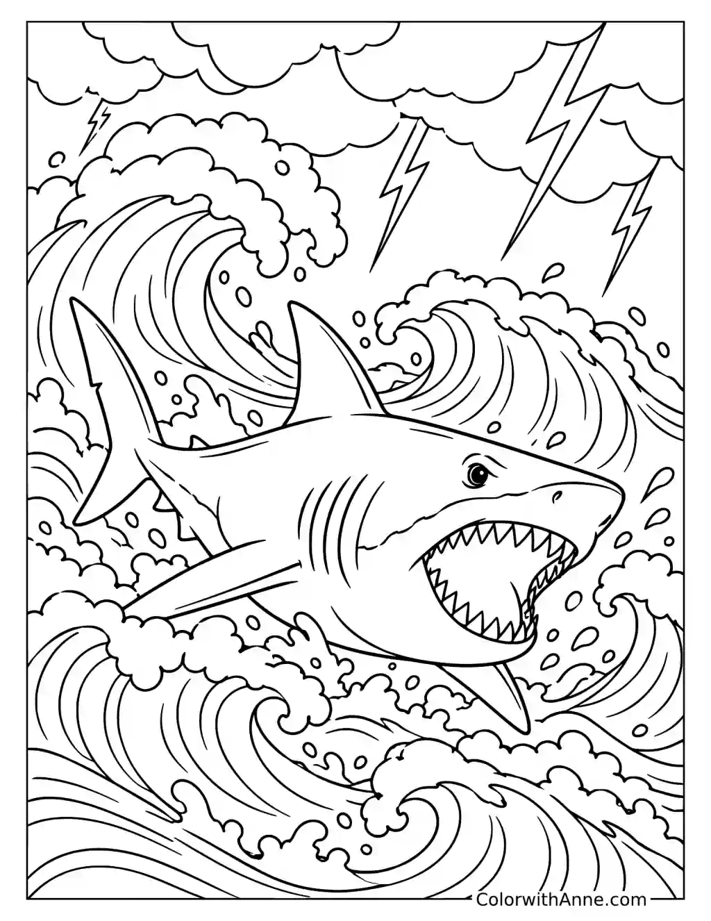 Shark in a Stormy Sea Coloring Page