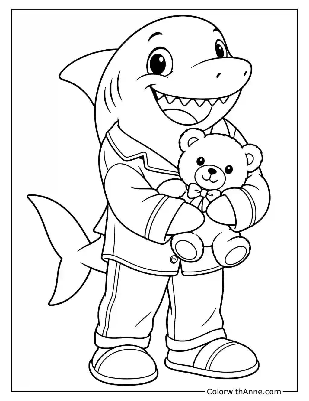 Shark in PJs Holding a Teddy Coloring Page