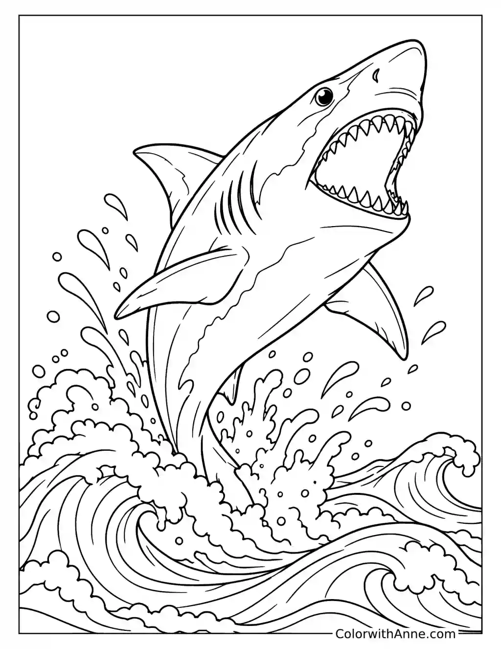 Shark Jumping Out of the Ocean Waves Coloring Page