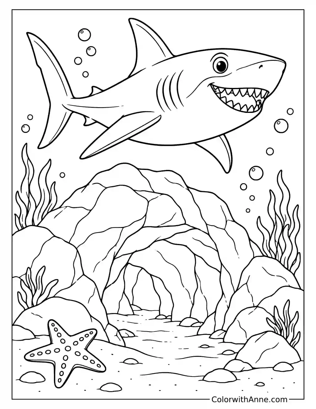Shark Swimming Above an Underwater Cave Coloring Page