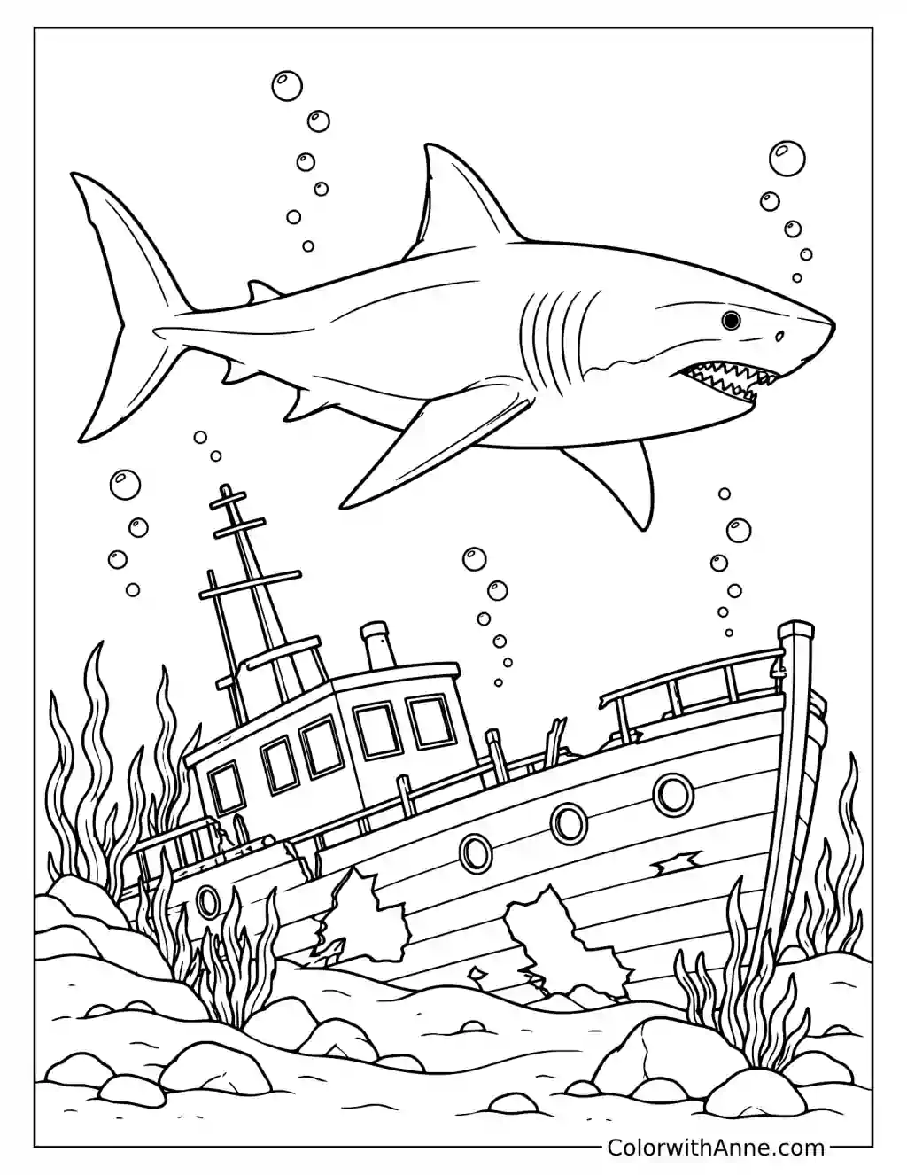 Shark Swimming Above an Underwater Shipwreck Coloring Page