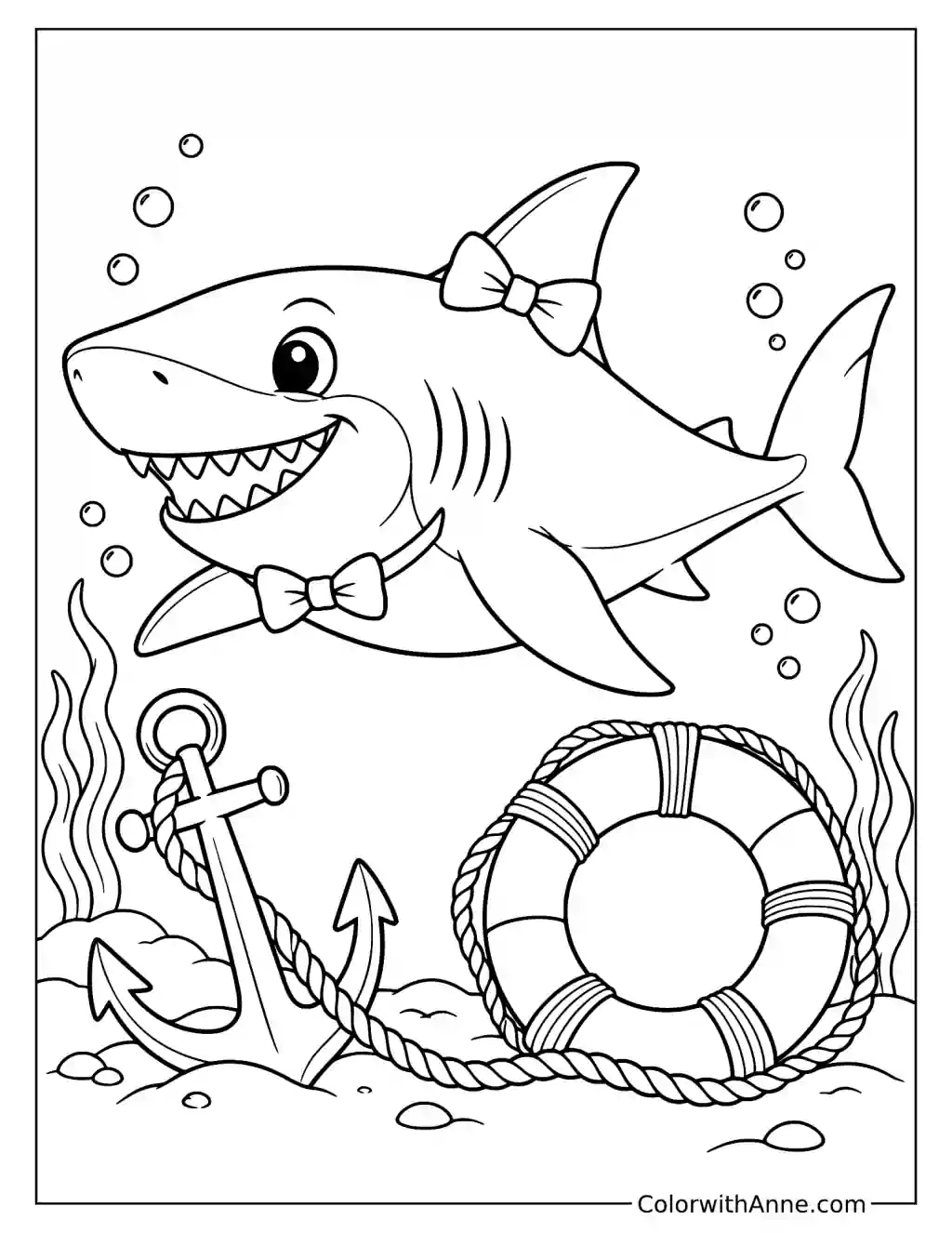 Shark with Bow Tie and Lifebuoy Coloring Page