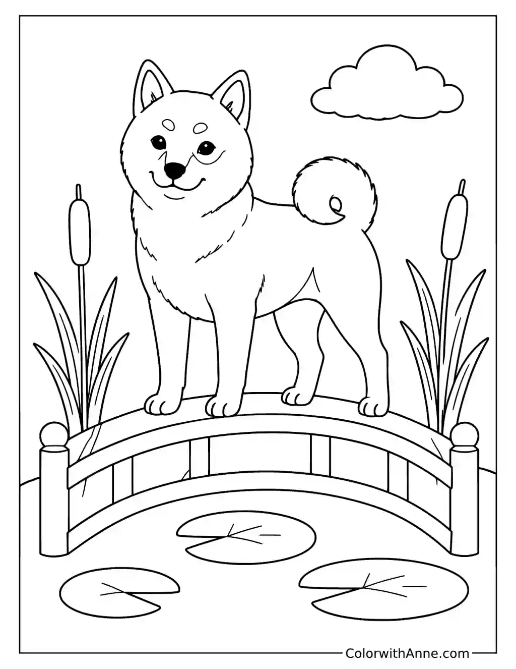 Shiba Inu on a Garden Bridge Coloring Page