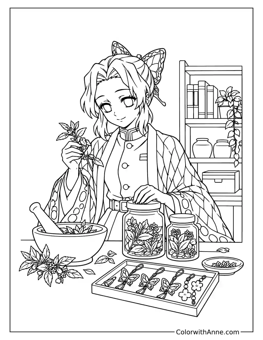 Shinobu Preparing Herbs and Butterfly Charms Coloring Page
