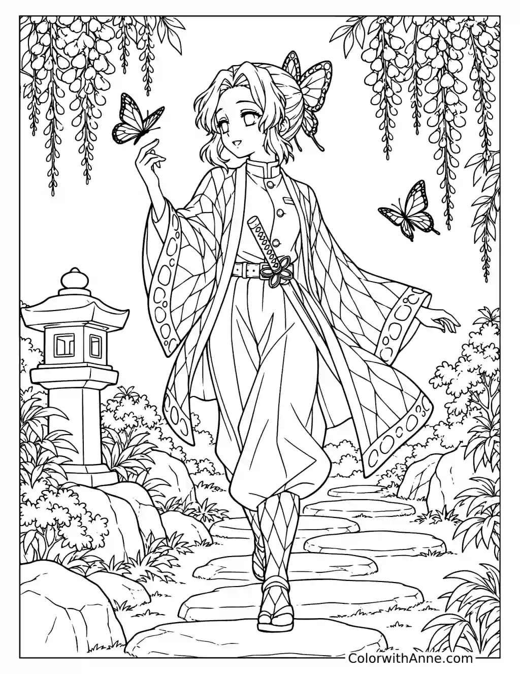 Shinobu Walking Through a Wisteria Garden with Butterflies Coloring Page