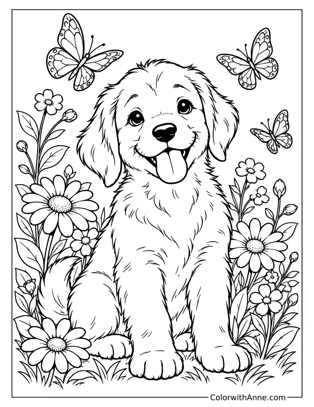 Similing Puppy with Flowers and Butterflies Coloring Page