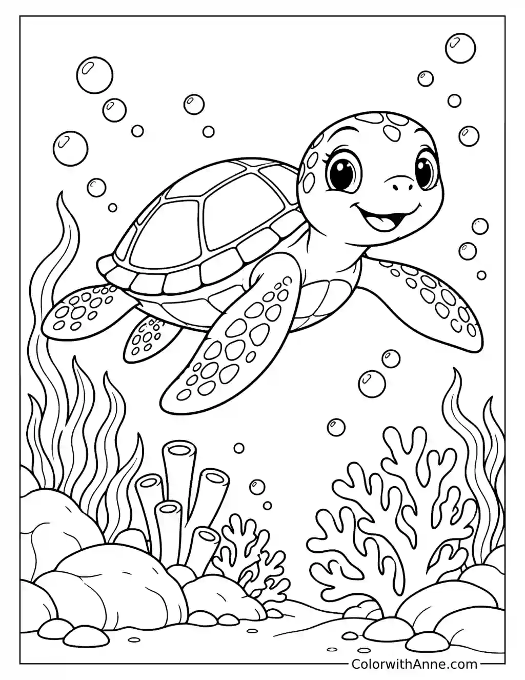 Simple Sea Turtle Swimming Above Coral Coloring Page for Kids