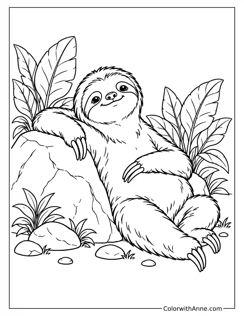Simple Sloth Relaxing Against a Rock Coloring Page