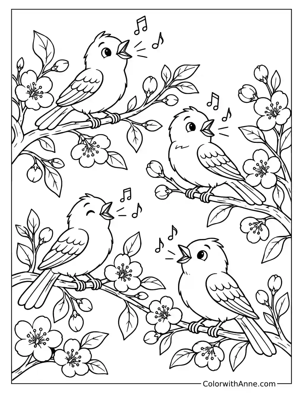 Singing Birds on Branches Spring Coloring Page