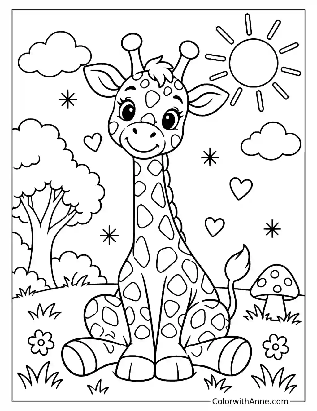 Sitting Giraffe in a Sunny Scene Coloring Page