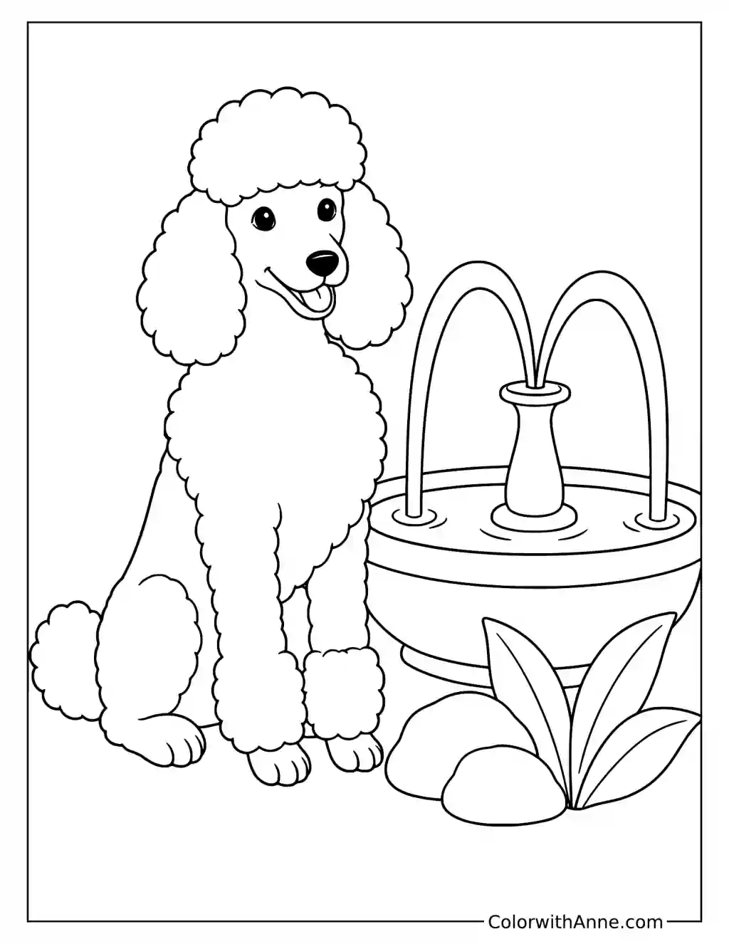 Sitting Poodle by a Fountain Coloring Page