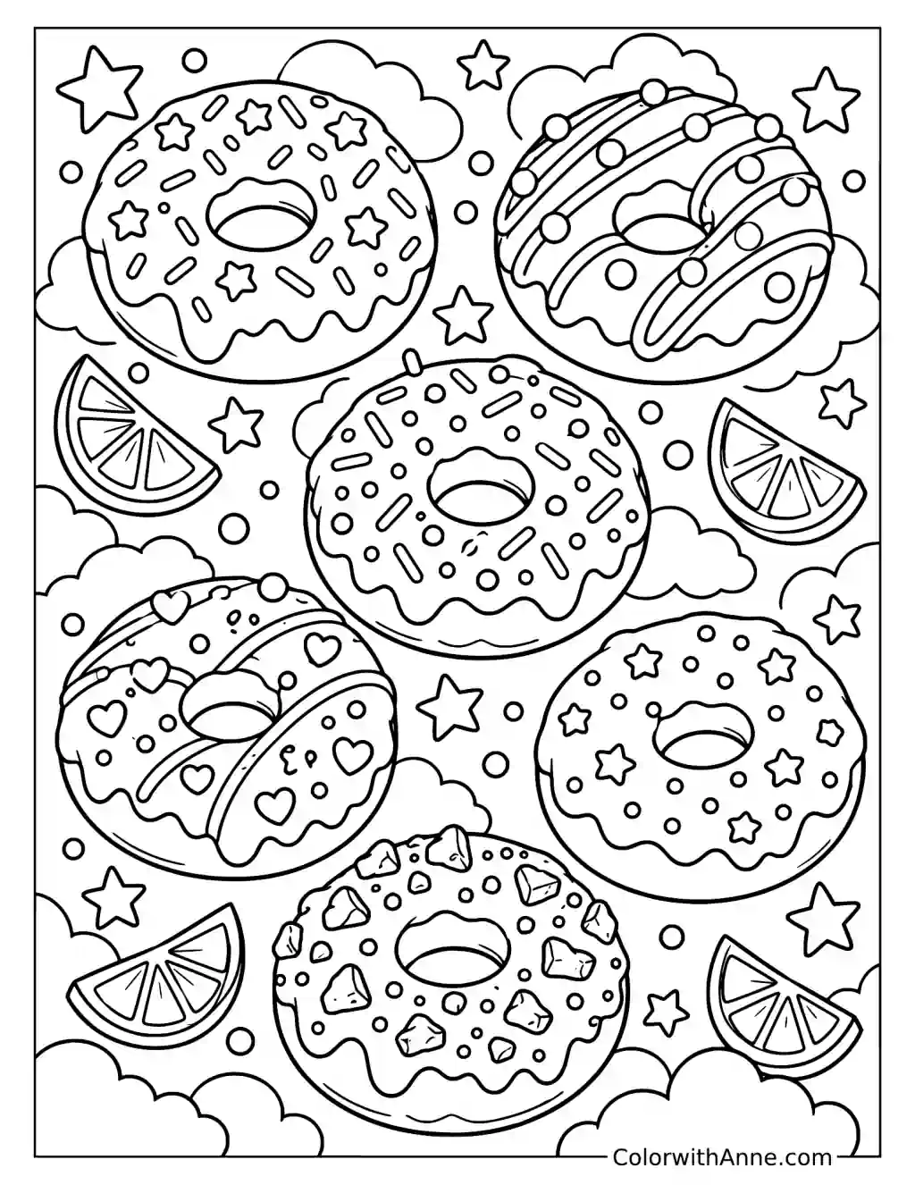 Six Donuts with Starry Background Coloring Page