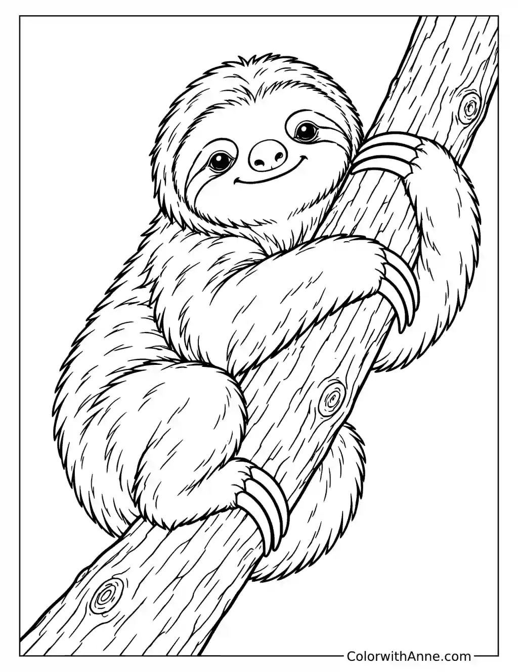 Sleepy Sloth Hugging a Branch Coloring Page