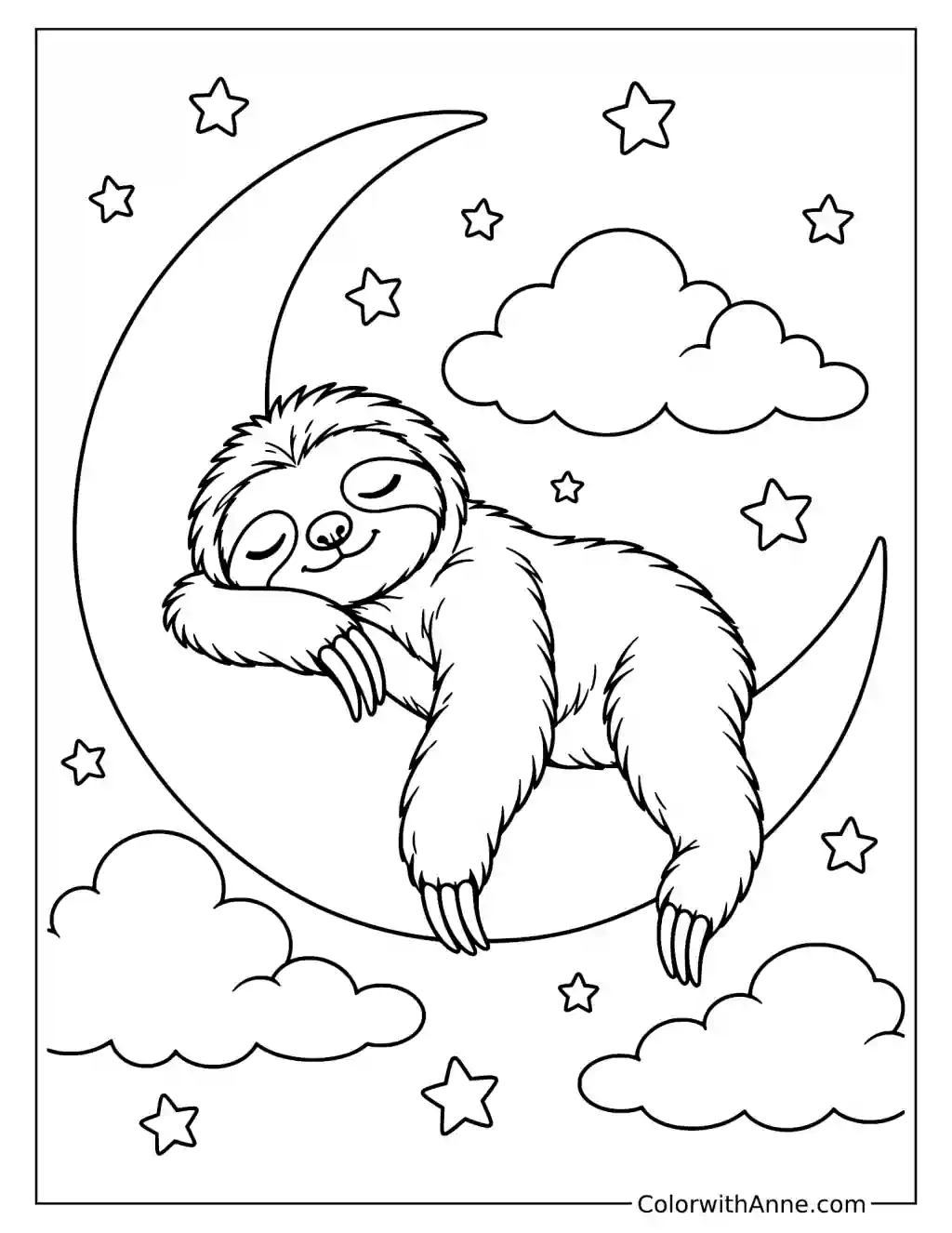 Sleepy Sloth Napping on a Crescent Moon Coloring Page