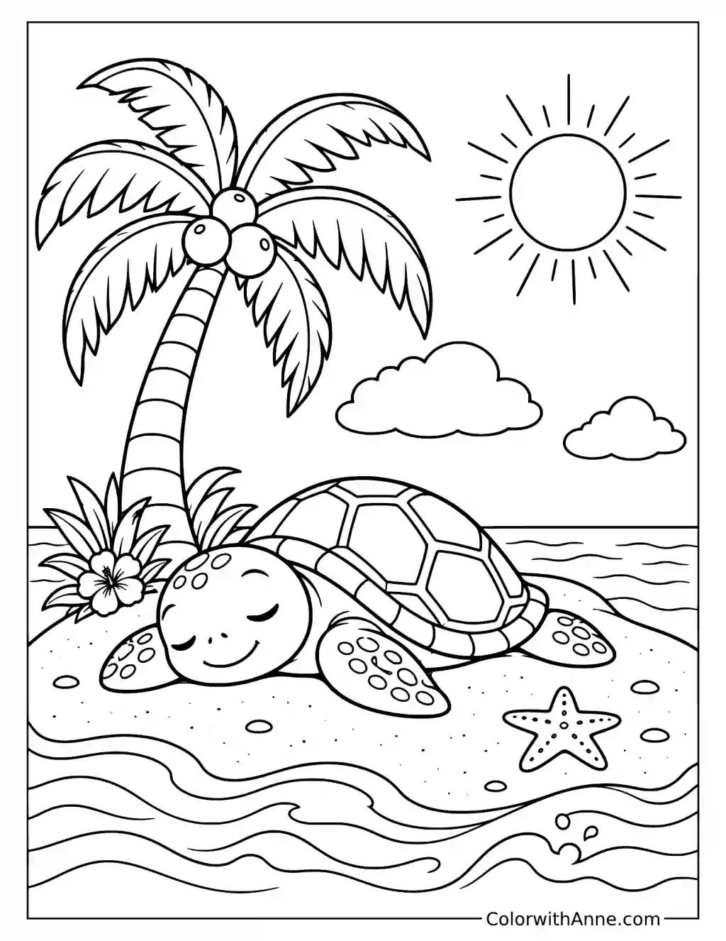 Sleepy Turtle on a Tropical Island Coloring Page
