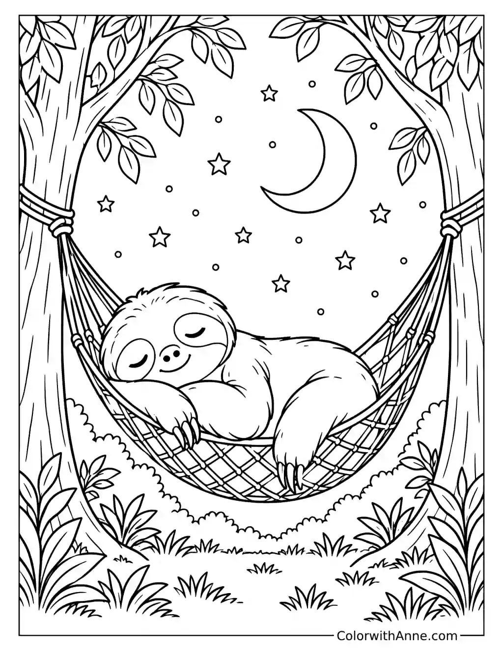 Sloth in a Hammock Under the Stars Coloring Page