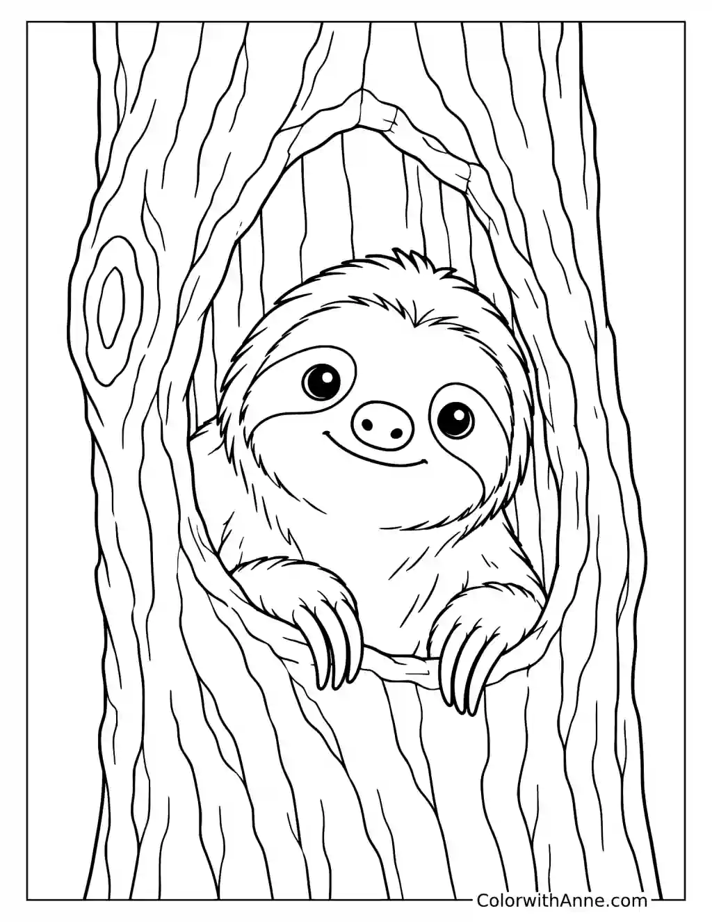 Sloth Peeking from a Tree Hollow Coloring Page