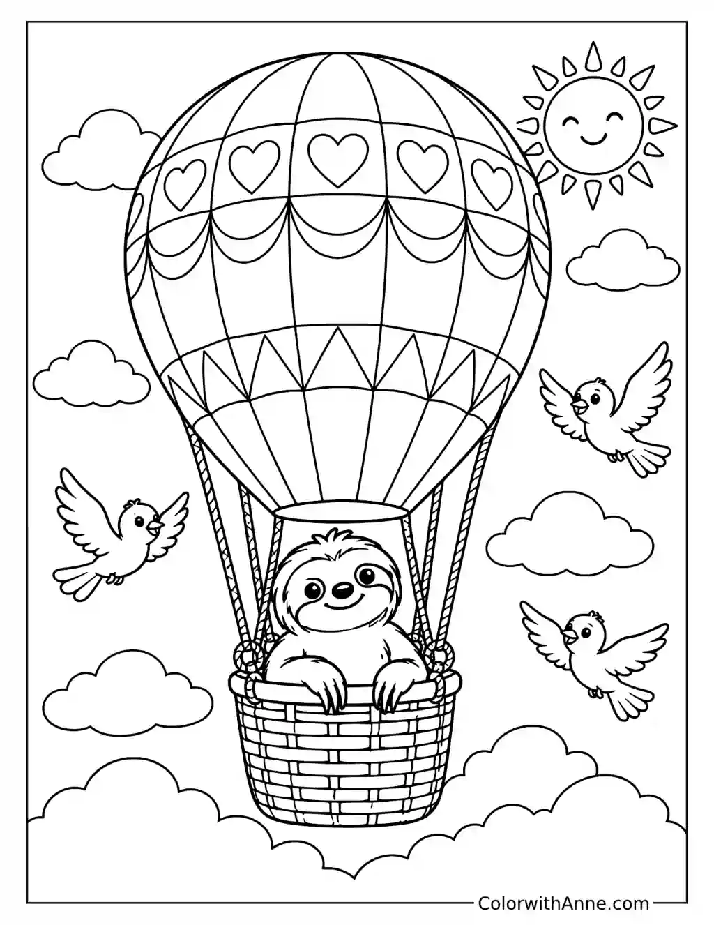 Sloth Riding in a Hot Air Balloon Coloring Page