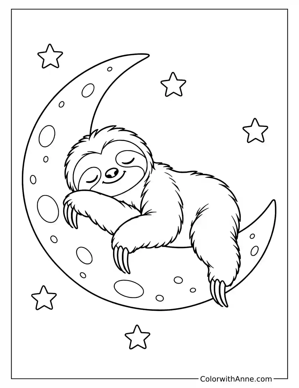 Sloth Sleeping on a Crescent Moon Coloring Page