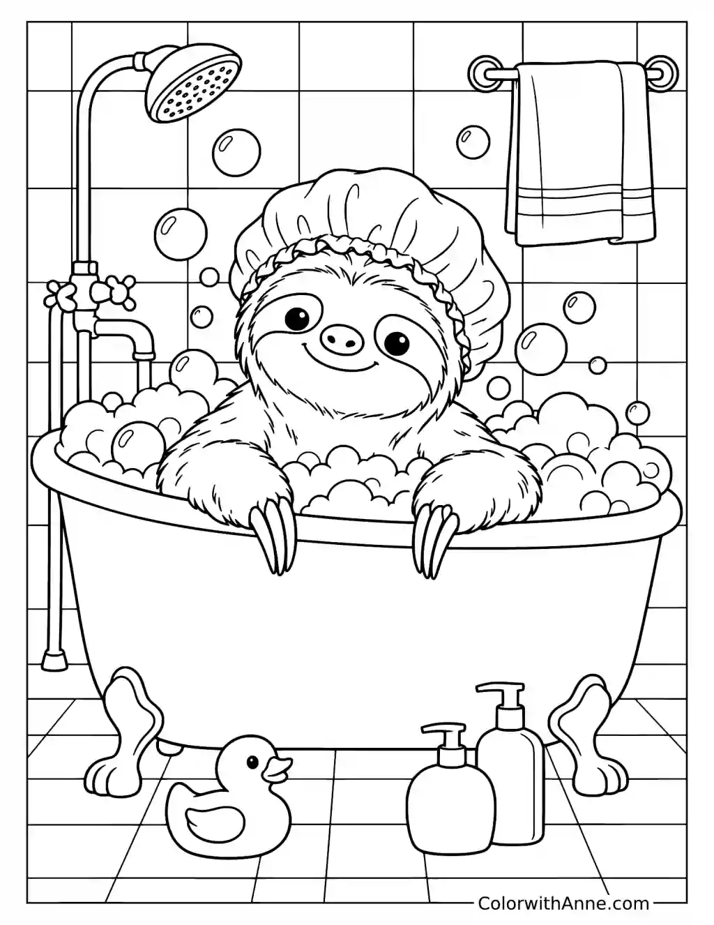 Sloth Taking a Bubble Bath Coloring Page