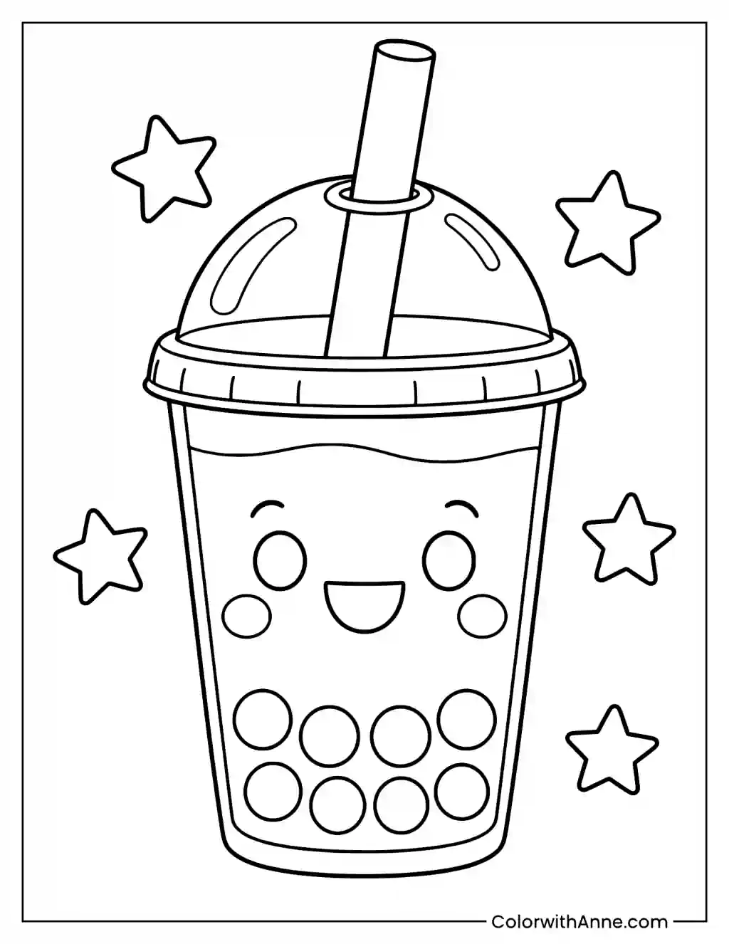 Smiling Boba Cup with Stars Coloring Page