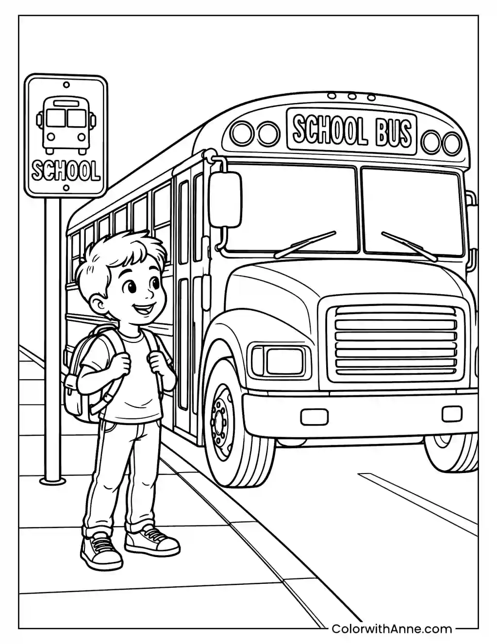 Smiling Boy Waiting for the School Bus Coloring Page