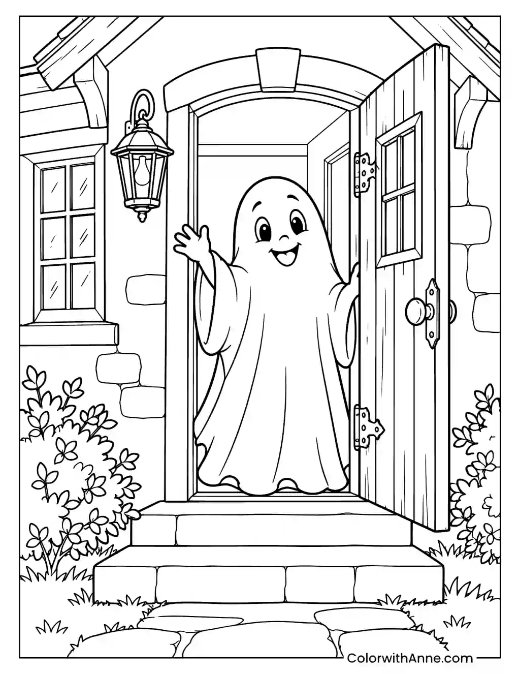 Smiling Ghost Welcoming at the Door Coloring Page