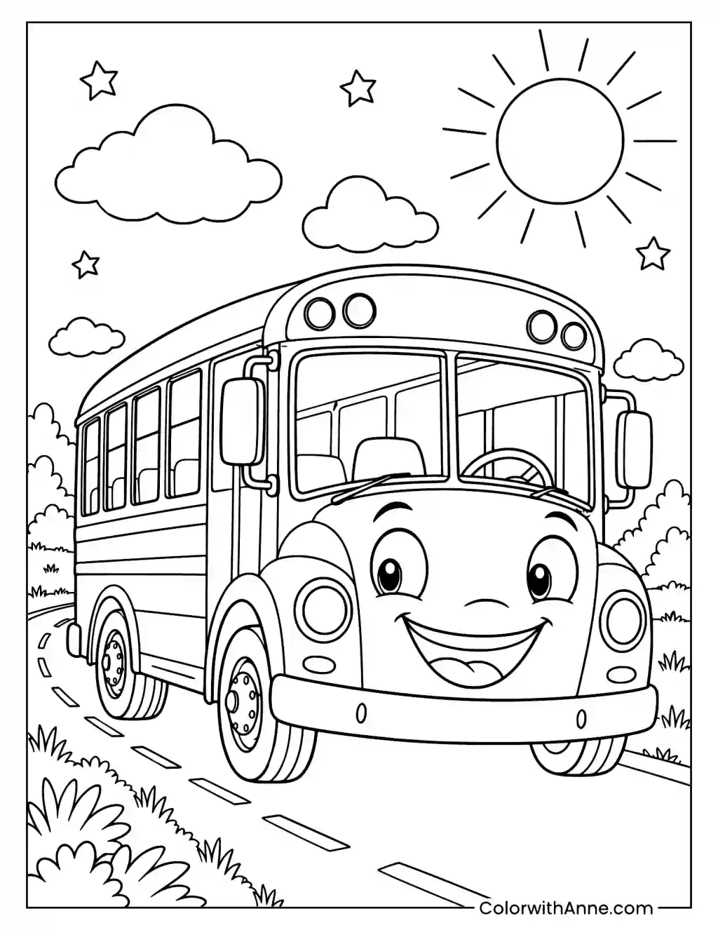 Smiling School Bus Coloring Page
