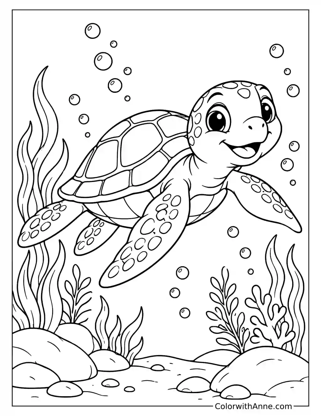 Smiling Sea Turtle Swimming Underwater Coloring Page
