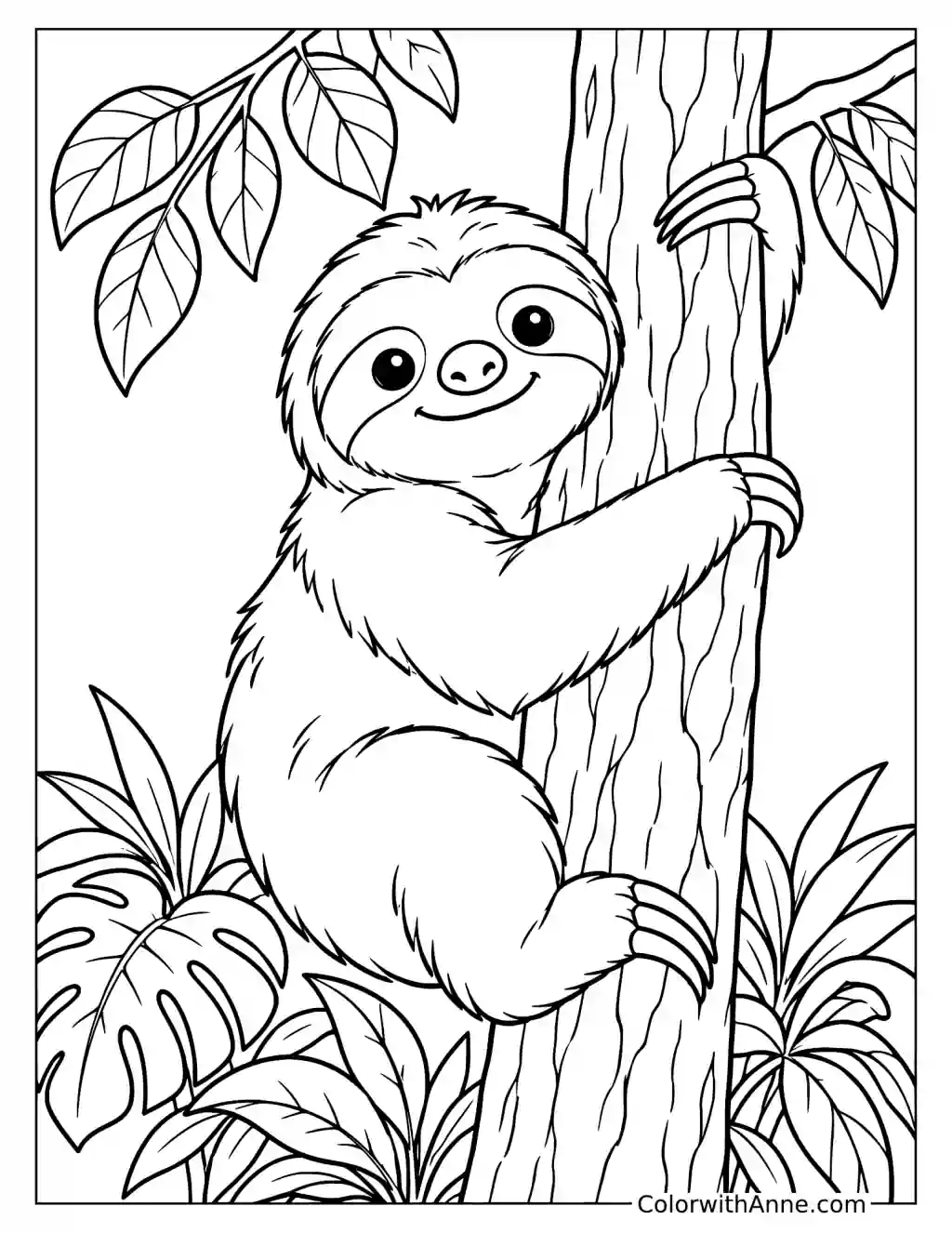 Smiling Sloth Climbing a Tree Trunk Coloring Page