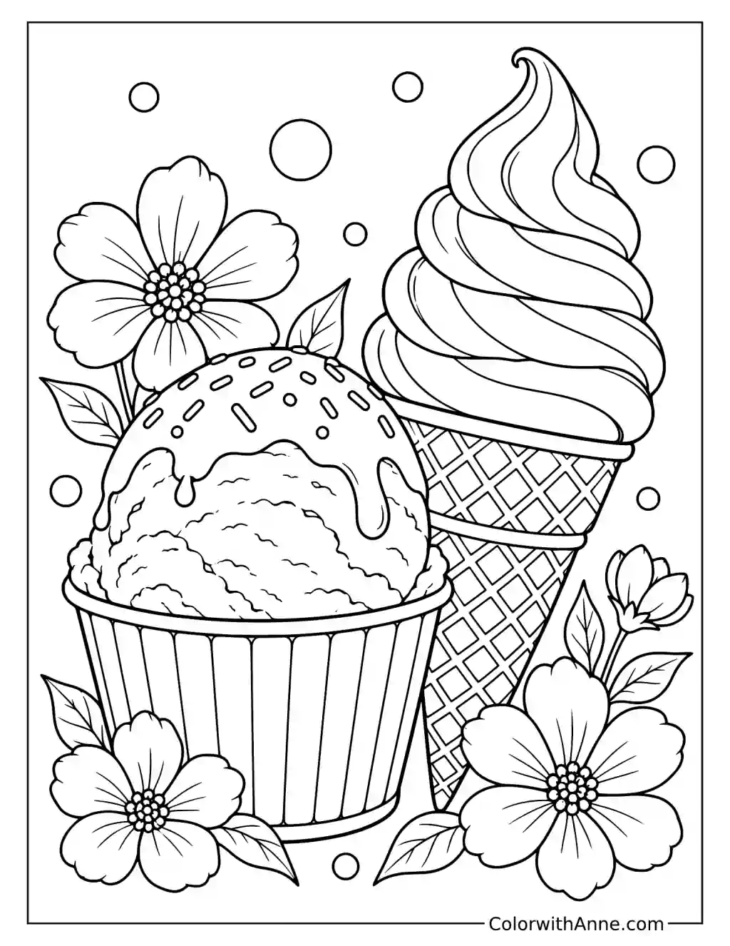 Soft-Serve Cup and Swirled Cone with Flowers Coloring Page