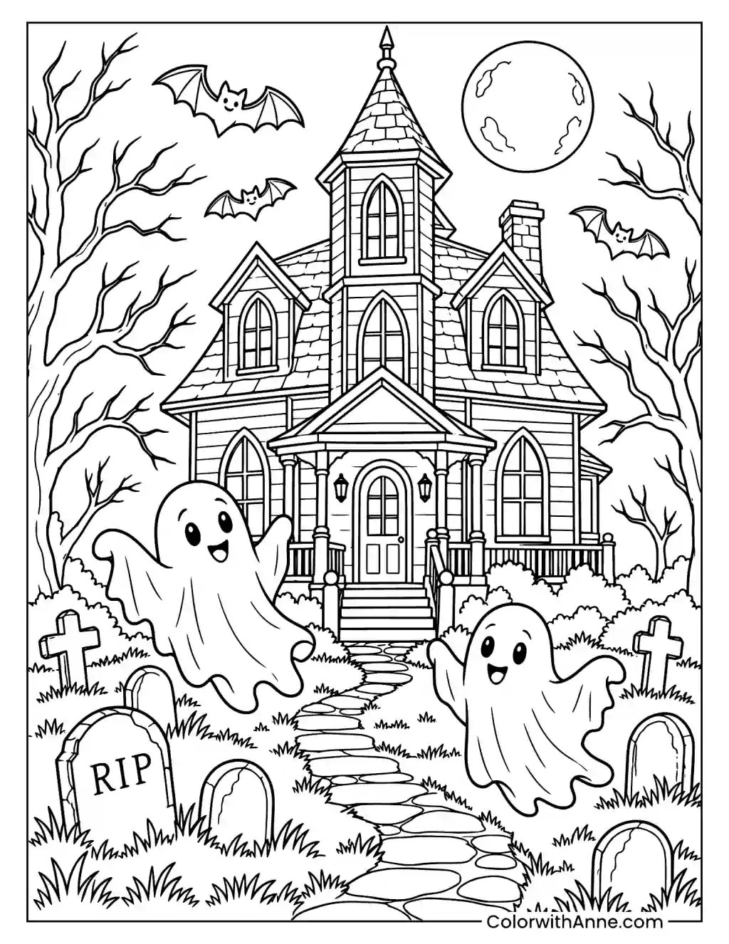Spooky Haunted House Graveyard Coloring Page