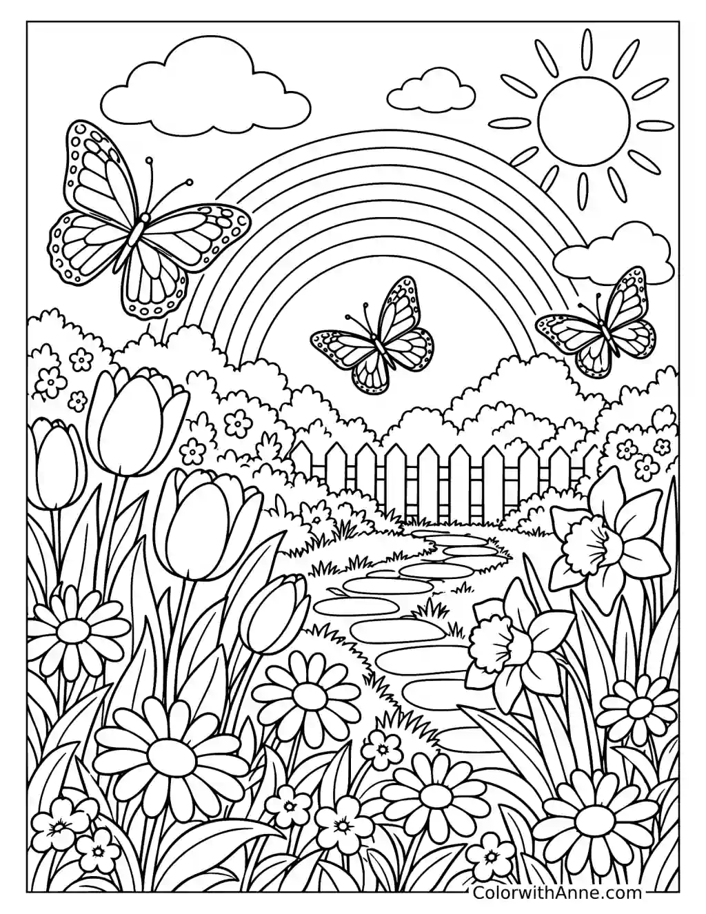 Spring Garden with Butterflies and Rainbows Coloring Page