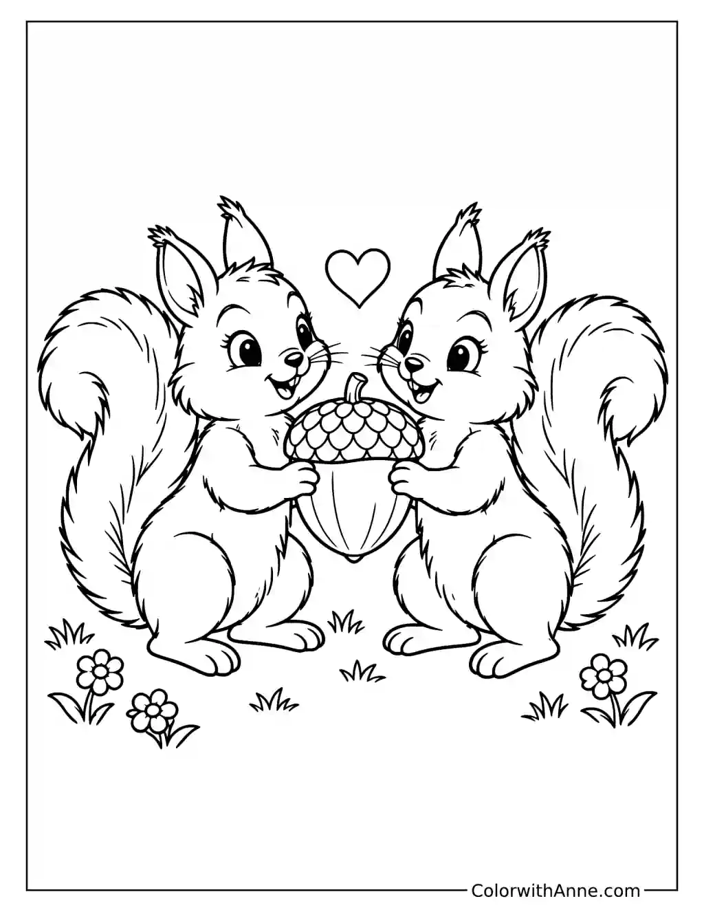 Squirrels Sharing an Acorn Coloring Page