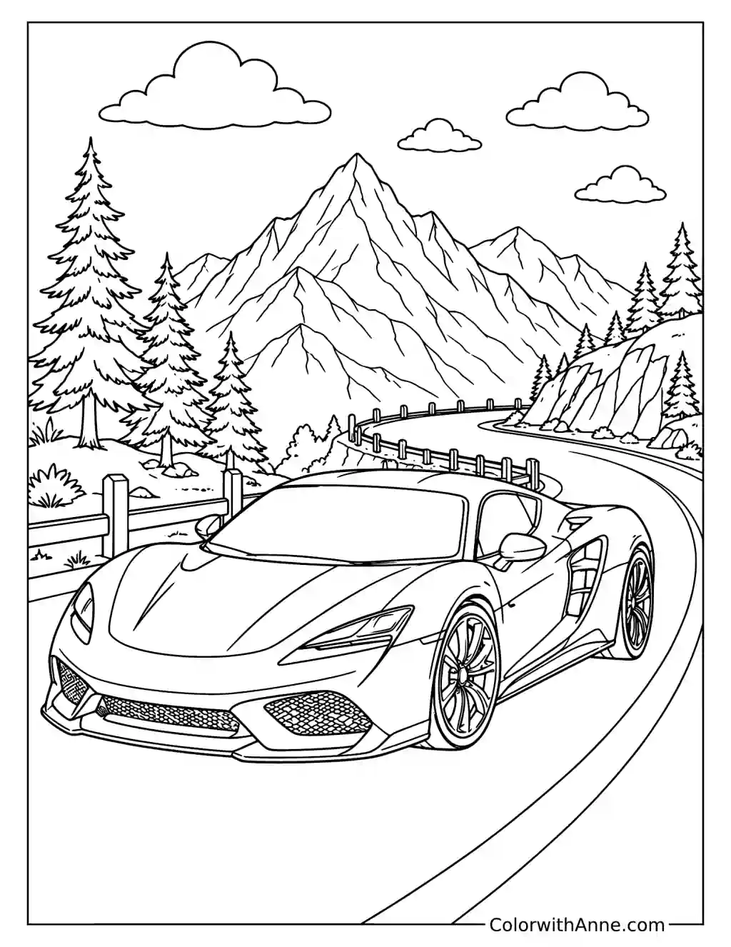 Supercar on a Mountain Road Coloring Page