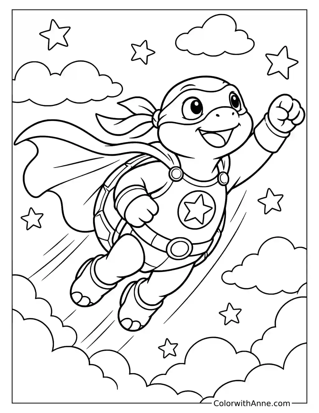 Superhero Turtle Flying Through the Sky Coloring Page