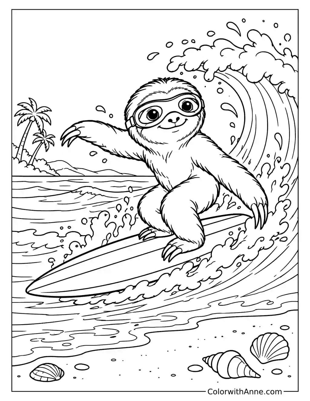 Surfer Sloth Riding a Wave Coloring Page