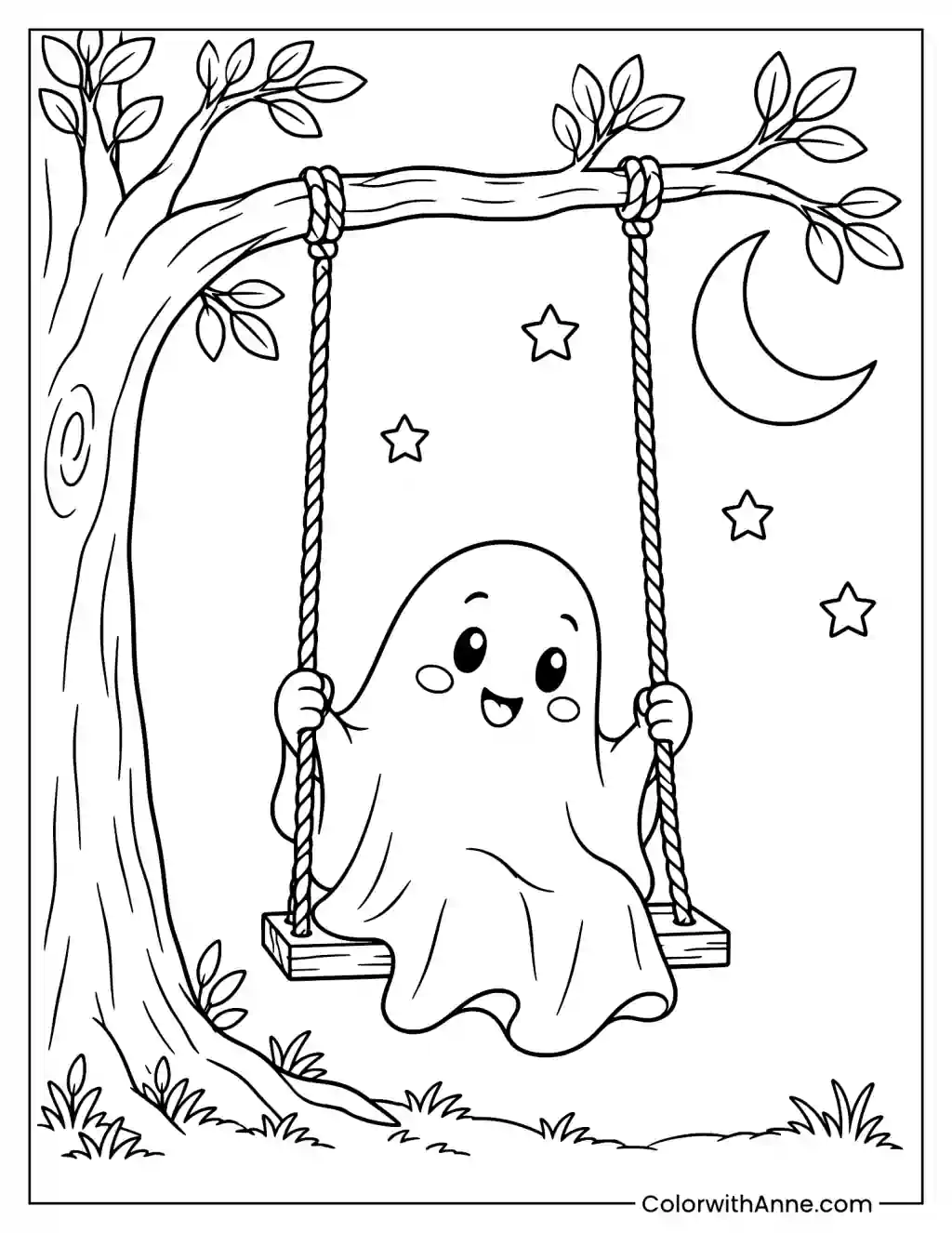 Swinging Ghost Under the Moon Coloring Page