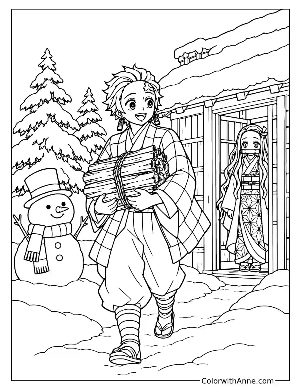 Tanjiro Carrying Firewood with Nezuko and a Snowman Coloring Page