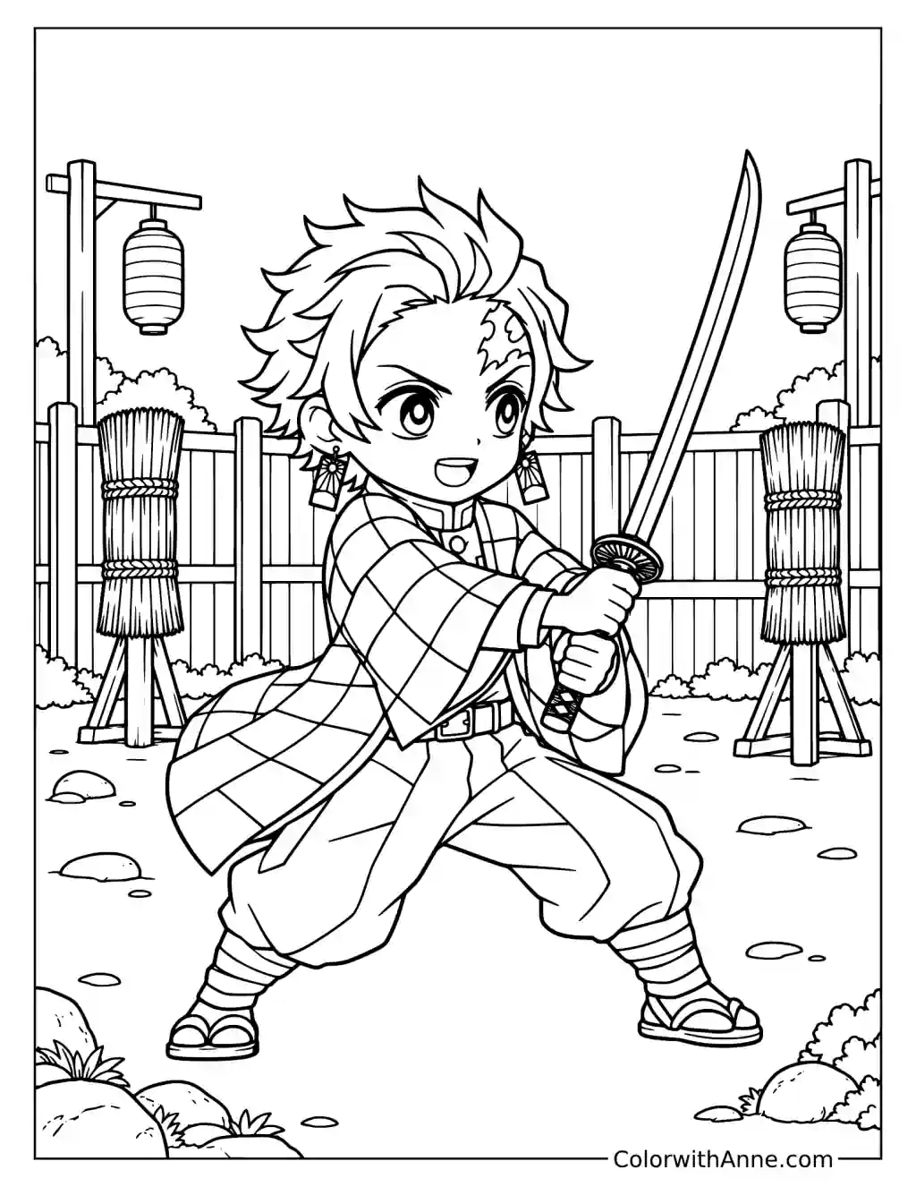 Tanjiro Practicing Sword Skills in the Training Yard Coloring Page