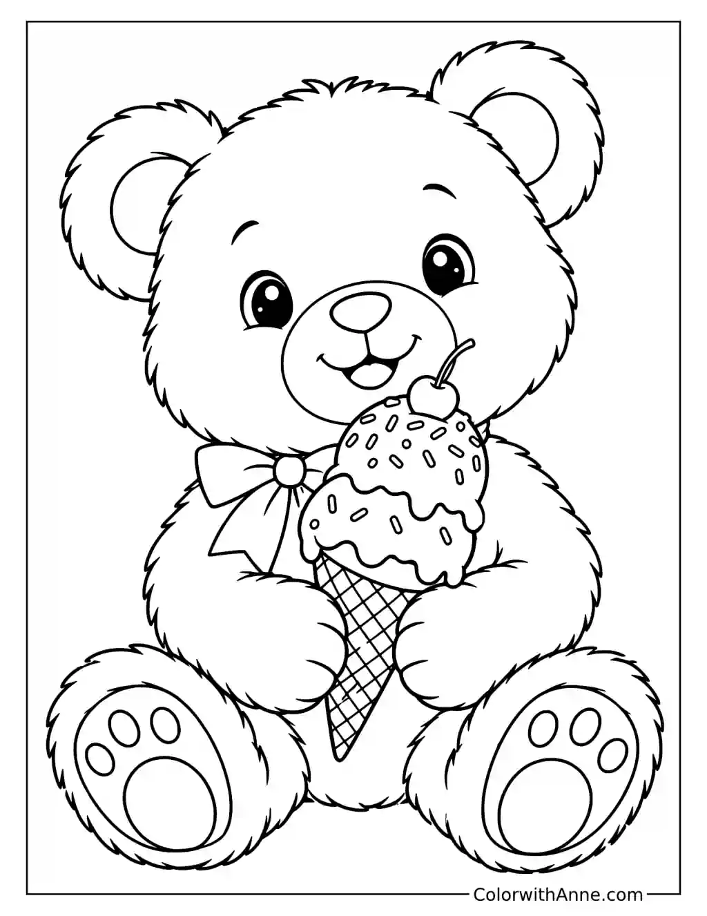 Teddy Bear Holding an Ice Cream Cone Coloring Page