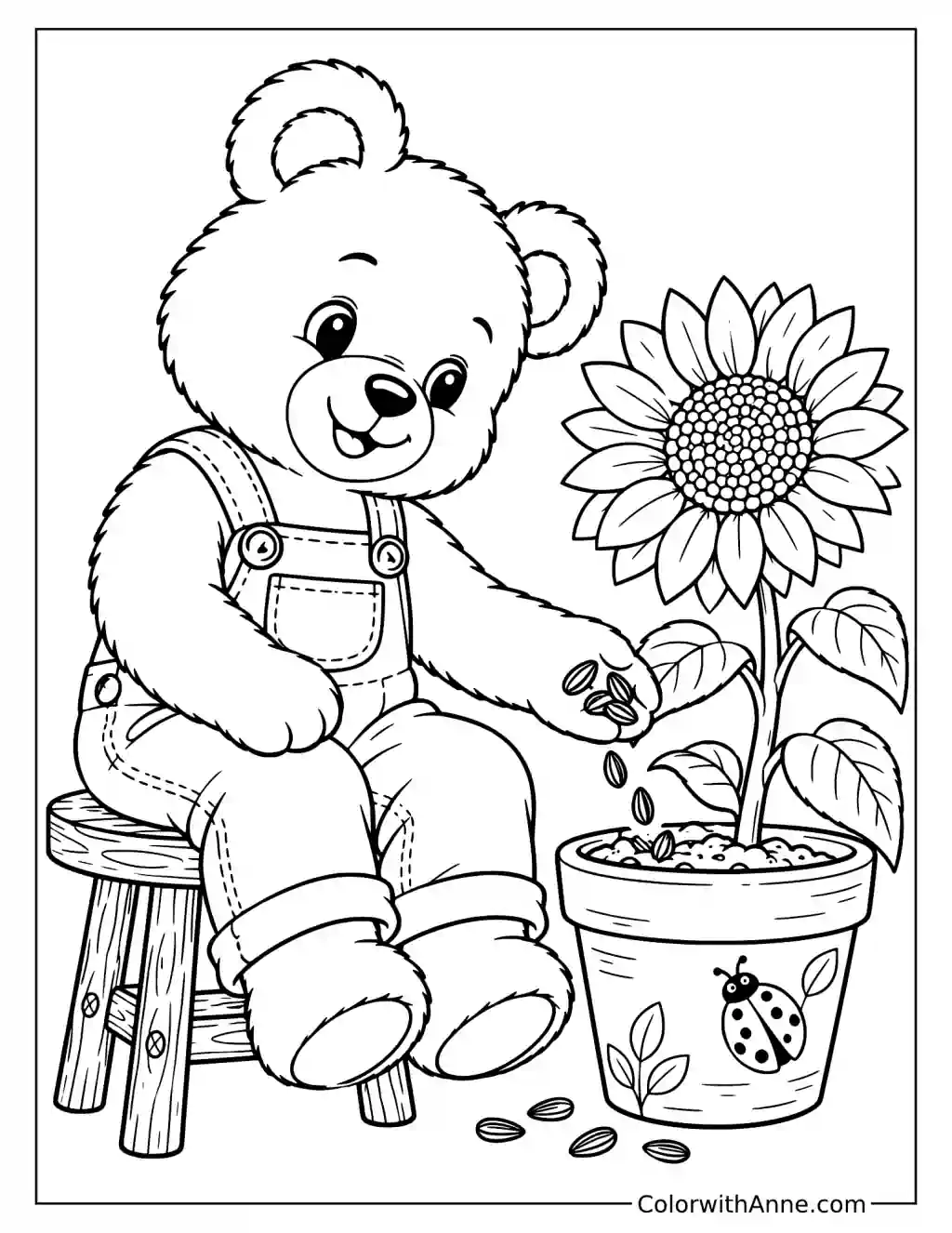 Teddy Bear Planting Sunflowers Coloring Page