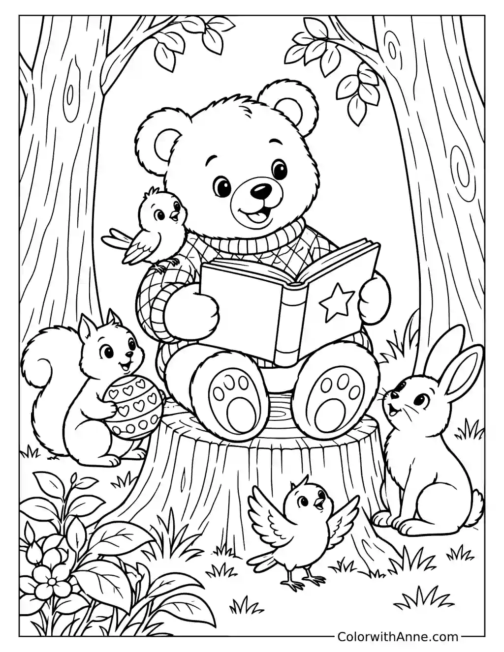 Teddy Bear Reading a Book Aloud Coloring Page
