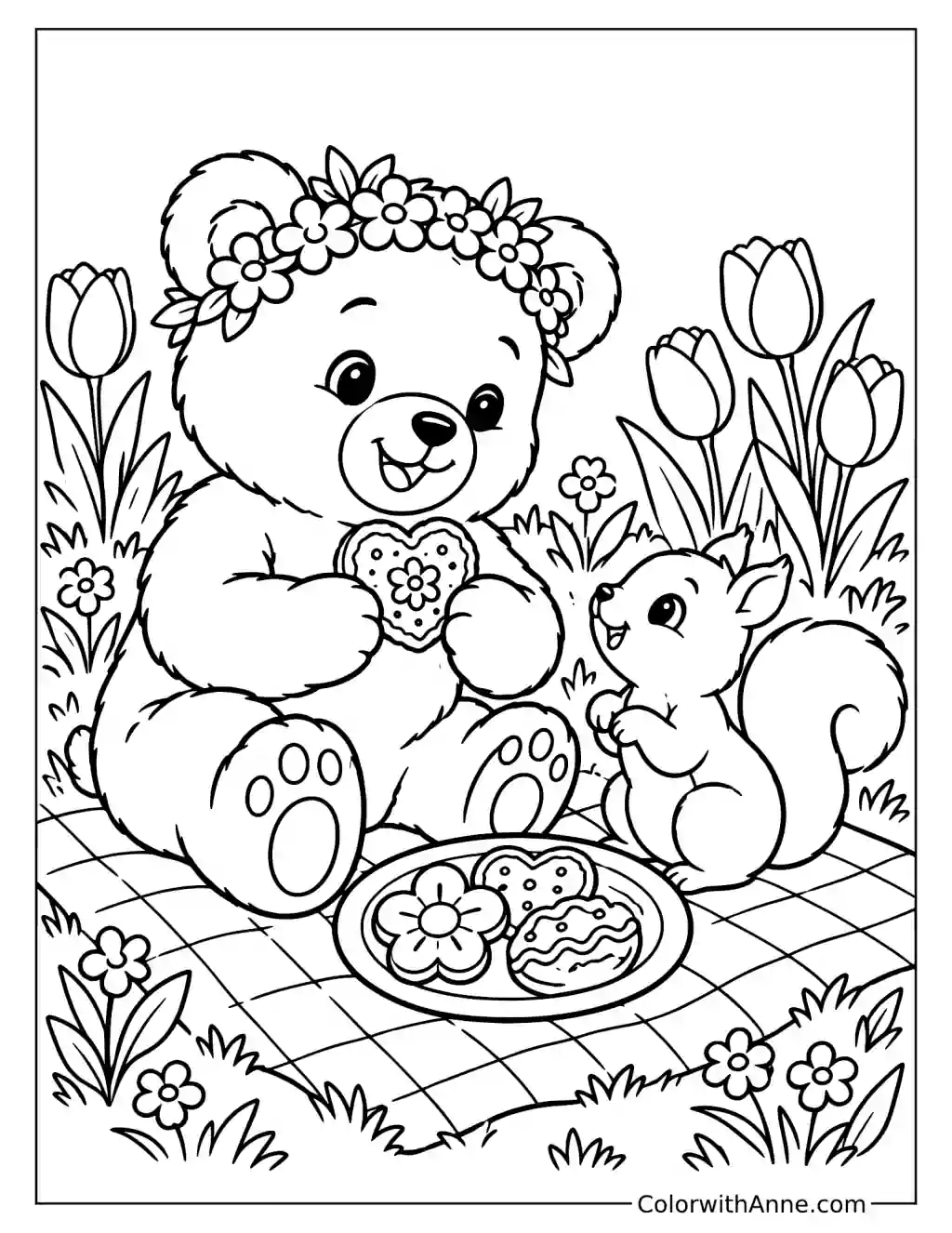 Teddy Bear Spring Picnic Coloring Page